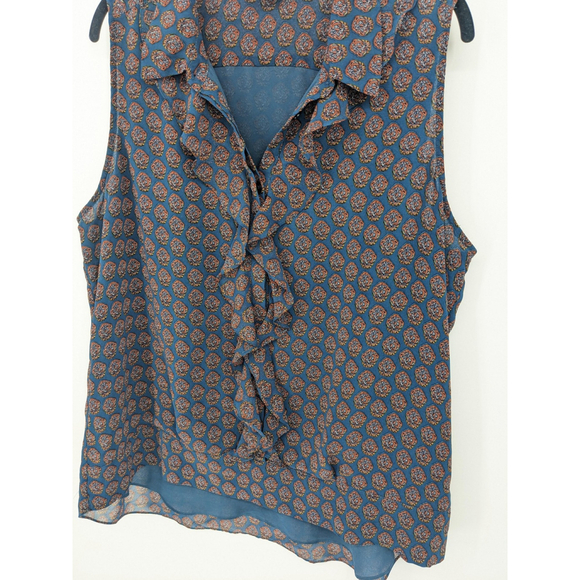 Cabi Blouse Womens XL Blue Ruffle Sleeveless Sheer Floral Geometric Pattern Top - Picture 2 of 9